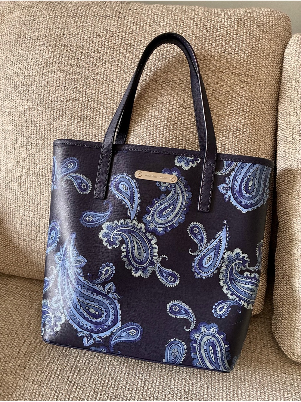 Michael Kors Emry Admiral Blue Paisley Printed Saffiano Leather Med Zip Tote